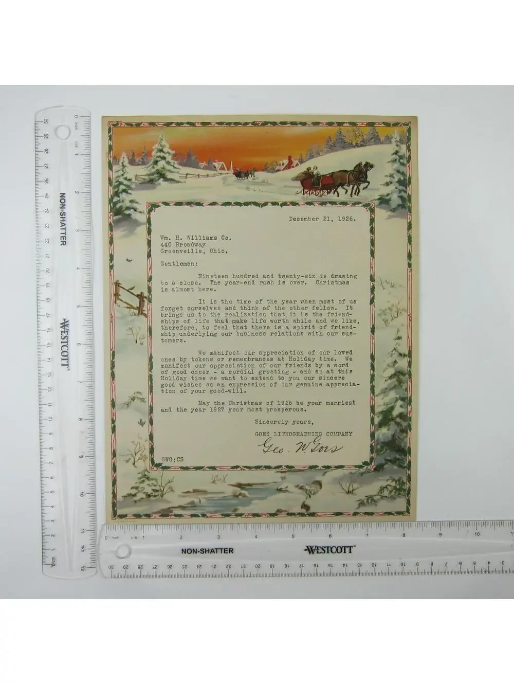Vintage 1926 Christmas Stationery Sample Horse Sleigh Snow Goes Lithography Co
